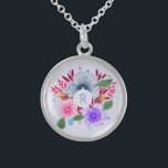 Waterverf Floral Bouquet Monogram Sterling Zilver Ketting<br><div class="desc">gepersonaliseerd ketting met waterverf florale kunst.</div>