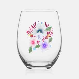  Waterverf Floral Bouquet Monogram Wijnglas Zonder Voet