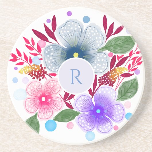  Waterverf Floral Bouquet Monogram Zandsteen Onderzetter (Voorkant)