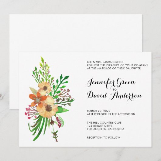 Waterverf Floral Bouquet Wedding Kaart (Voorkant / Achterkant)
