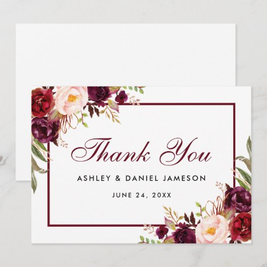 Waterverf Floral Bourgondië bruiloft dank u B Bedankkaart (Voorkant / Achterkant)