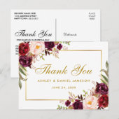 Waterverf Floral Bourgondië Bruiloftsgoud Bedankt Briefkaart (Voorkant / Achterkant)