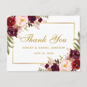 Waterverf Floral Bourgondië Bruiloftsgoud Bedankt Briefkaart (Voorkant)