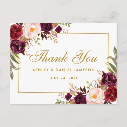 Waterverf Floral Bourgondië Bruiloftsgoud Bedankt Briefkaart (Voorkant)