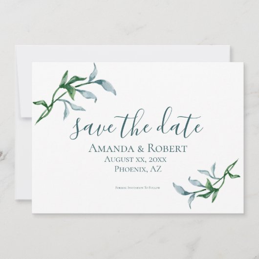 Waterverf Floral Branches, blauw, groen, huwelijk Save The Date (Voorkant)