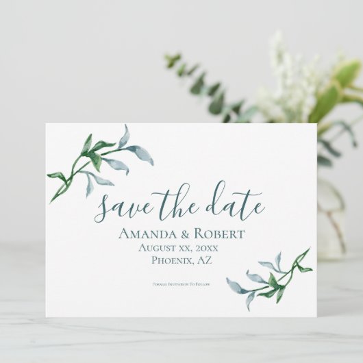 Waterverf Floral Branches, blauw, groen, huwelijk Save The Date (Staand voorkant)