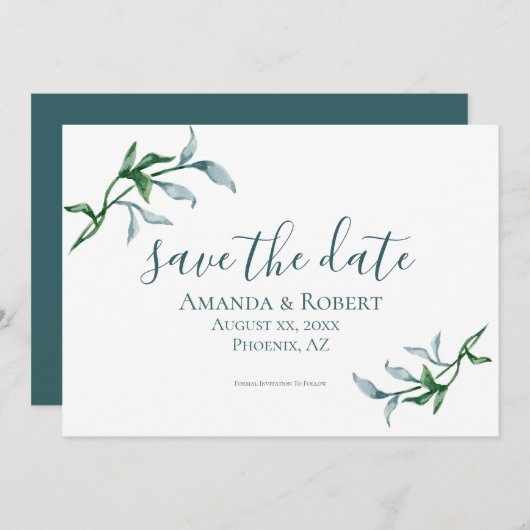 Waterverf Floral Branches, blauw, groen, huwelijk Save The Date (Voorkant / Achterkant)