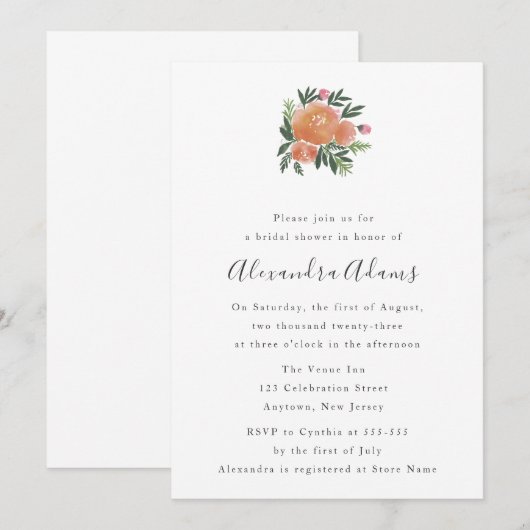Waterverf Floral Bridal Shower Invitations Kaart (Voorkant / Achterkant)
