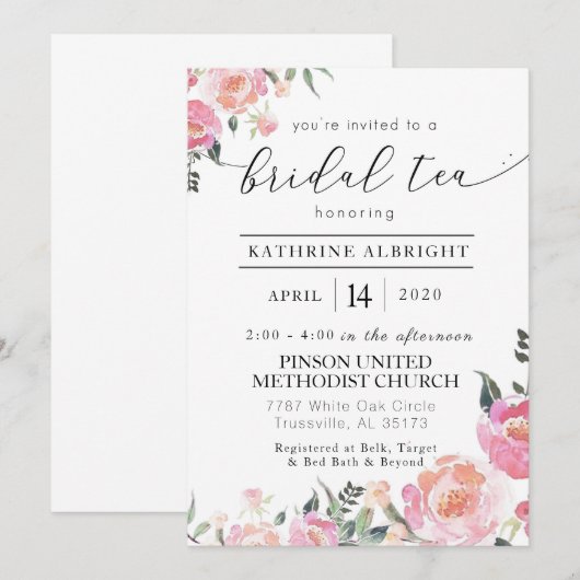 Waterverf Floral Bridal Tea Kaart (Voorkant / Achterkant)