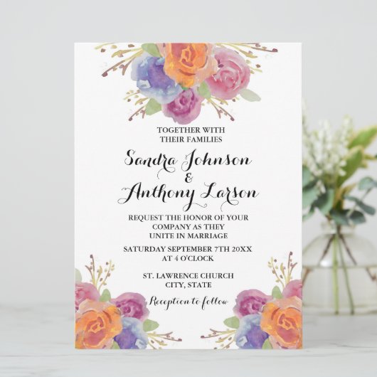 Waterverf Floral Bright Wedding-uitnodiging Kaart (Staand voorkant)