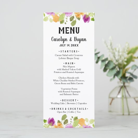 Waterverf Floral bruiloft diner Menu (Staand voorkant)