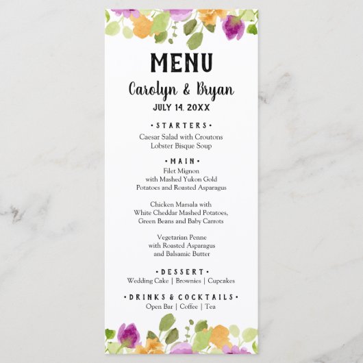 Waterverf Floral bruiloft diner Menu (Voorkant)