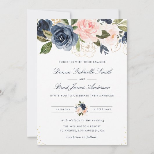 waterverf floral bruiloft in marineschok blauw kaart (Voorkant)