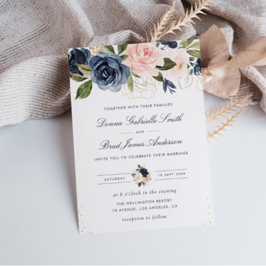 waterverf floral bruiloft in marineschok blauw kaart