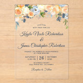 Waterverf Floral bruiloft marineblauw koraal Acryl Uitnodigingen (Voorkant)