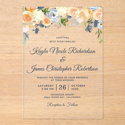 Waterverf Floral bruiloft marineblauw koraal Acryl Uitnodigingen (Voorkant)