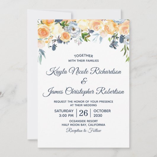 Waterverf Floral bruiloft marineblauw koraal Kaart (Voorkant)