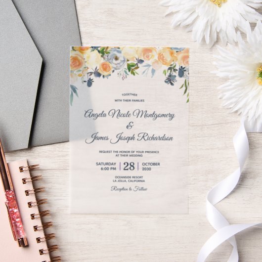 Waterverf Floral bruiloft marineblauw koraal Vellum Uitnodigingen (Huwelijk)