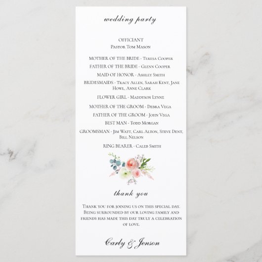 Waterverf Floral bruiloft programma Programmakaart (Achterkant)