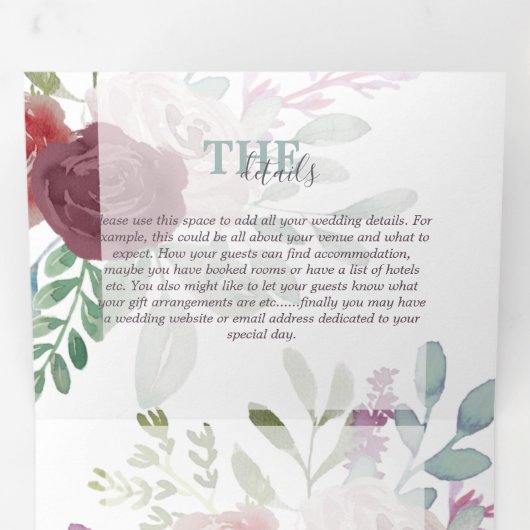 Waterverf Floral bruiloft van de rotsvaste Bourgog Drieluik Uitnodiging (Binnenzijde eerst)