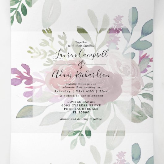 Waterverf Floral bruiloft van de rotsvaste Bourgog Drieluik Uitnodiging (Binnenkant midden)