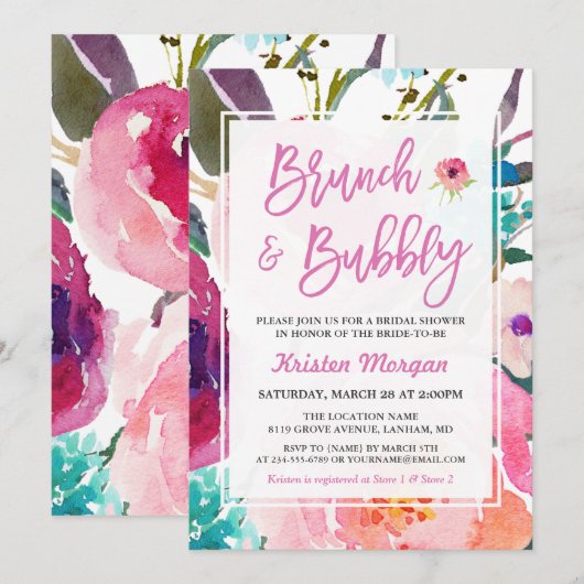 Waterverf Floral Brunch en Bubble Vrijgezellenfees Kaart (Voorkant / Achterkant)