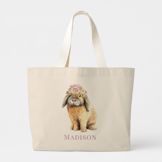 Waterverf Floral Bunny Rabbit Persoonlijke naam Grote Tote Bag (Achterkant)