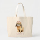 Waterverf Floral Bunny Rabbit Persoonlijke naam Grote Tote Bag (Voorkant)
