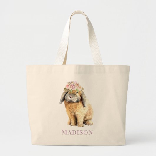 Waterverf Floral Bunny Rabbit Persoonlijke naam Grote Tote Bag (Voorkant)