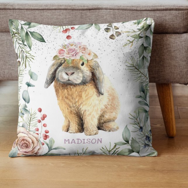Waterverf Floral Bunny Rabbit Persoonlijke naam Kussen (Creator heeft geüpload)