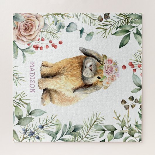 Waterverf Floral Bunny Rabbit Persoonlijke naam Legpuzzel (Horizontaal)