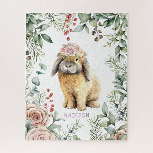 Waterverf Floral Bunny Rabbit Persoonlijke naam Legpuzzel (Verticaal)
