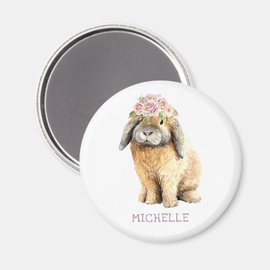 Waterverf Floral Bunny Rabbit Persoonlijke naam Magneet (Voorkant / Achterkant)
