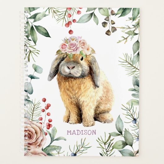 Waterverf Floral Bunny Rabbit Persoonlijke naam Planner (Voorkant)