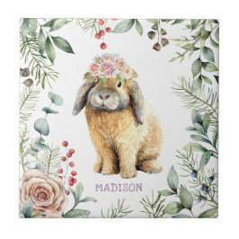 Waterverf Floral Bunny Rabbit Persoonlijke naam Tegeltje