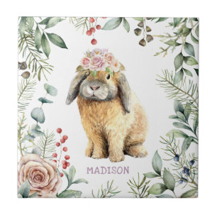 Waterverf Floral Bunny Rabbit Persoonlijke naam Tegeltje