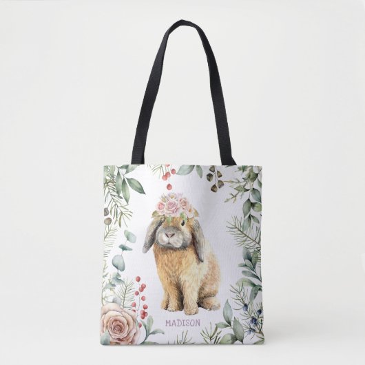 Waterverf Floral Bunny Rabbit Persoonlijke naam Tote Bag (Voorkant)