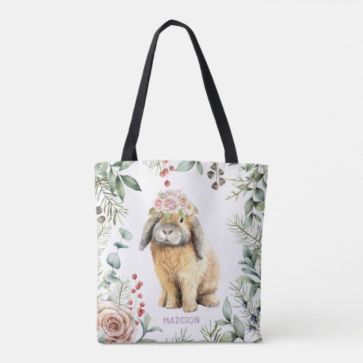 Waterverf Floral Bunny Rabbit Persoonlijke naam Tote Bag (Achterkant)