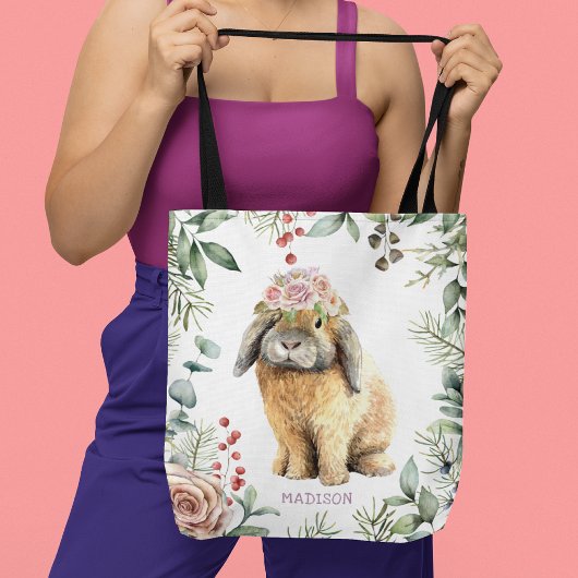 Waterverf Floral Bunny Rabbit Persoonlijke naam Tote Bag