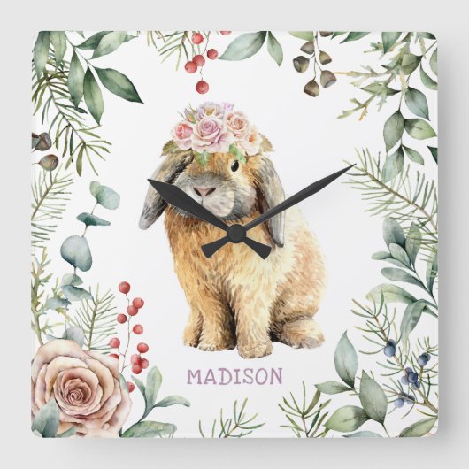 Waterverf Floral Bunny Rabbit Persoonlijke naam Vierkante Klok (Voorkant)