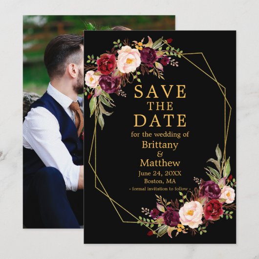 Waterverf Floral Burgundy Black Gold Lijst Foto Save The Date (Voorkant / Achterkant)
