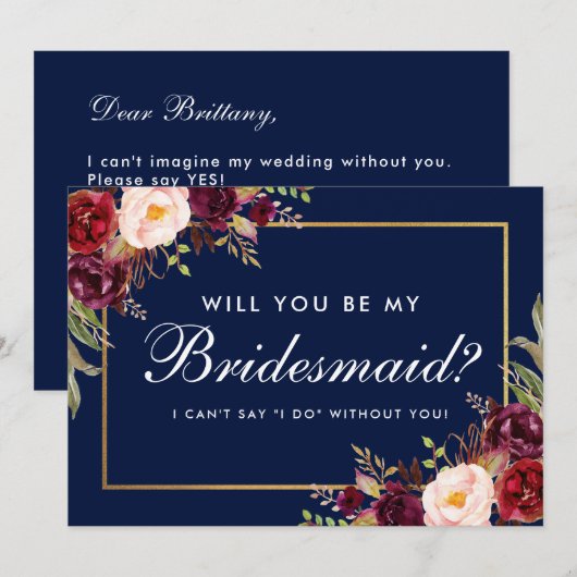 Waterverf Floral Burgundy Blue Bridesmaid Kaart (Voorkant / Achterkant)