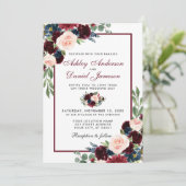Waterverf Floral Burgundy Blue Elegant Wedding Kaart (Staand voorkant)