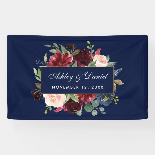 Waterverf Floral Burgundy Blue Gold Wedding Spandoek (Horizontaal)