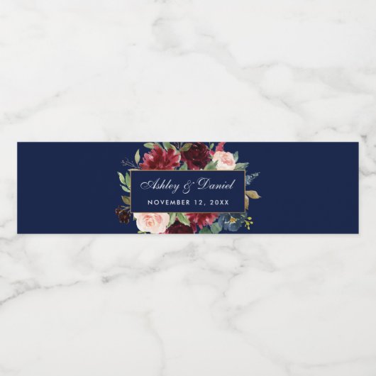 Waterverf Floral Burgundy Blue Gold Wedding Waterfles Etiket (Enkel label)