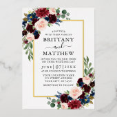 Waterverf Floral Burgundy Blue Wedding Gold Folie Uitnodiging (Voorkant)