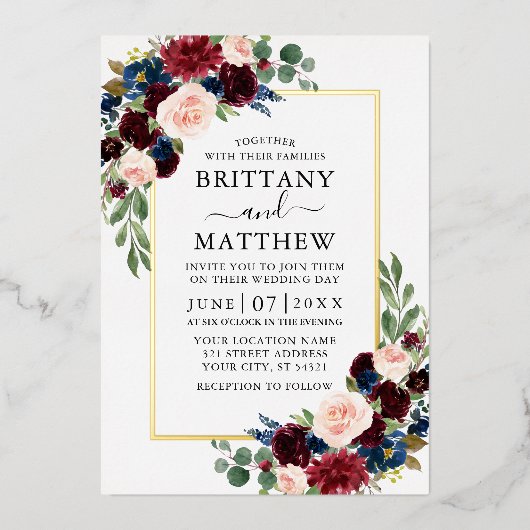 Waterverf Floral Burgundy Blue Wedding Gold Folie Uitnodiging (Voorkant)