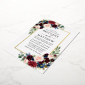 Waterverf Floral Burgundy Blue Wedding Gold Folie Uitnodiging (Gedraaid)