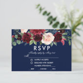 Waterverf Floral Burgundy Blue Wedding Meal RSVP (Staand voorkant)