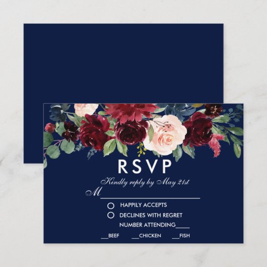 Waterverf Floral Burgundy Blue Wedding Meal RSVP (Voorkant / Achterkant)